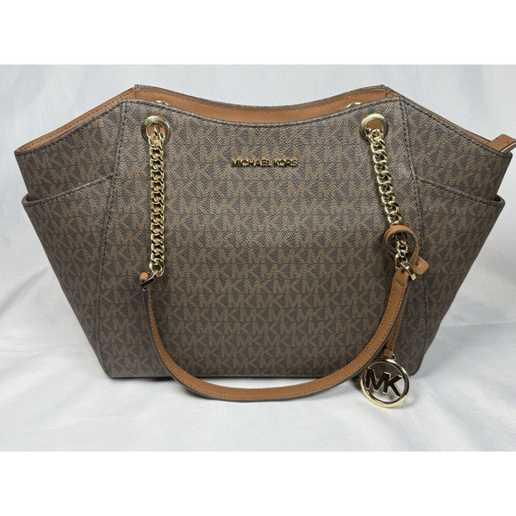 Michael Kors Jet Set Travel Chain Brown MK Signature Logo Shoulder Tote Bag EUC - Picture 1 of 16